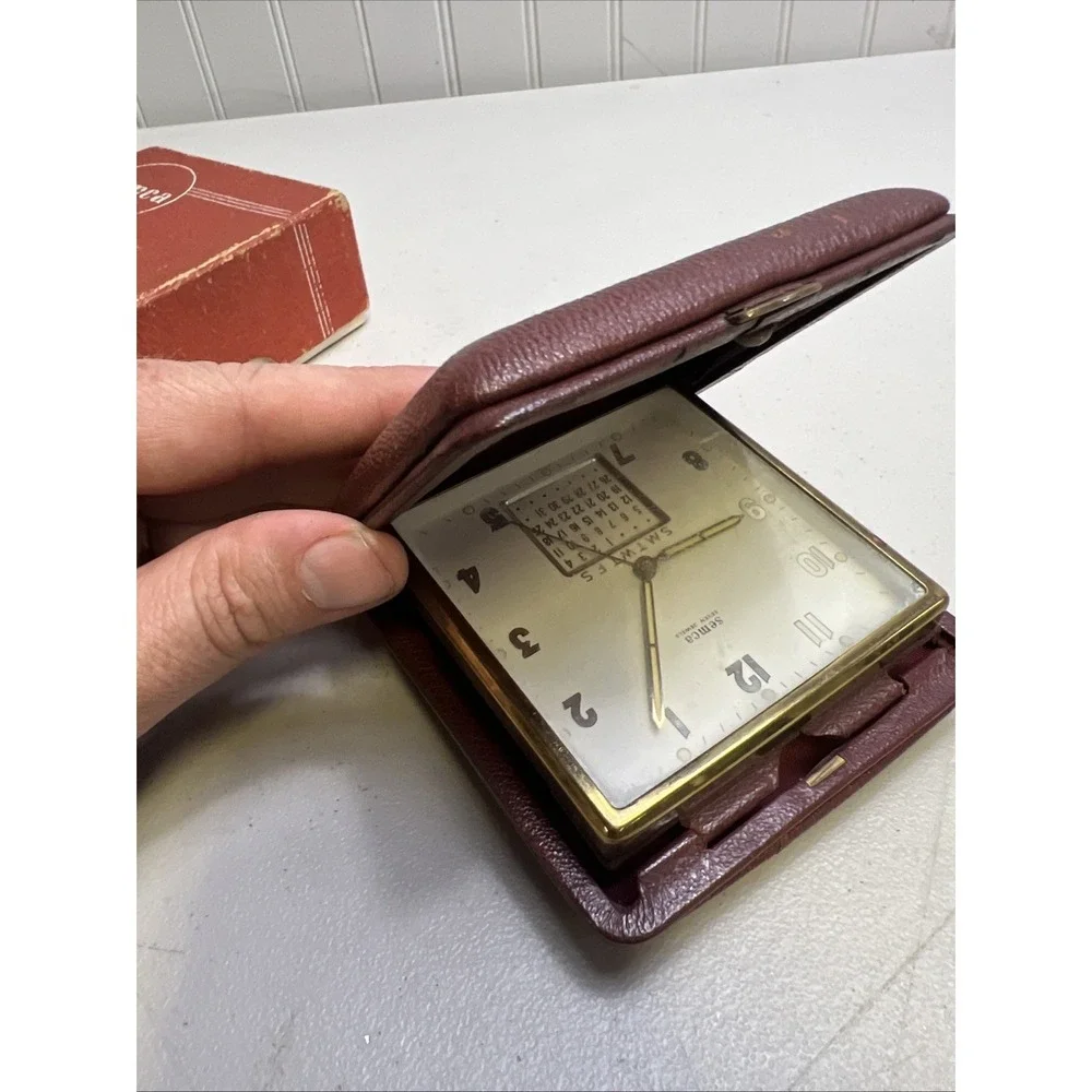 Vintage Semca Travel Alarm Clock w/Leather Case - Calendar - For Parts